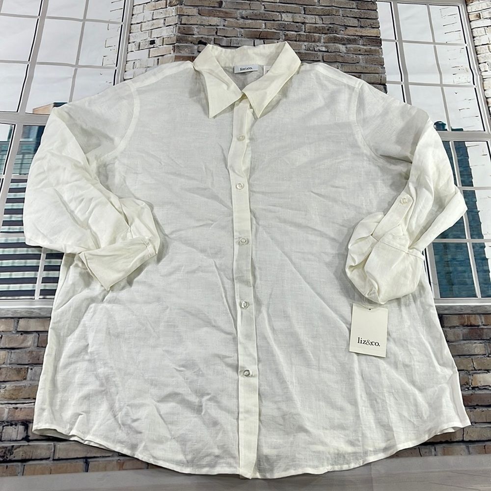 NWT Women’s Liz & Co Cream Adjustable Sleeve Button Up Shirt (XL) GD08